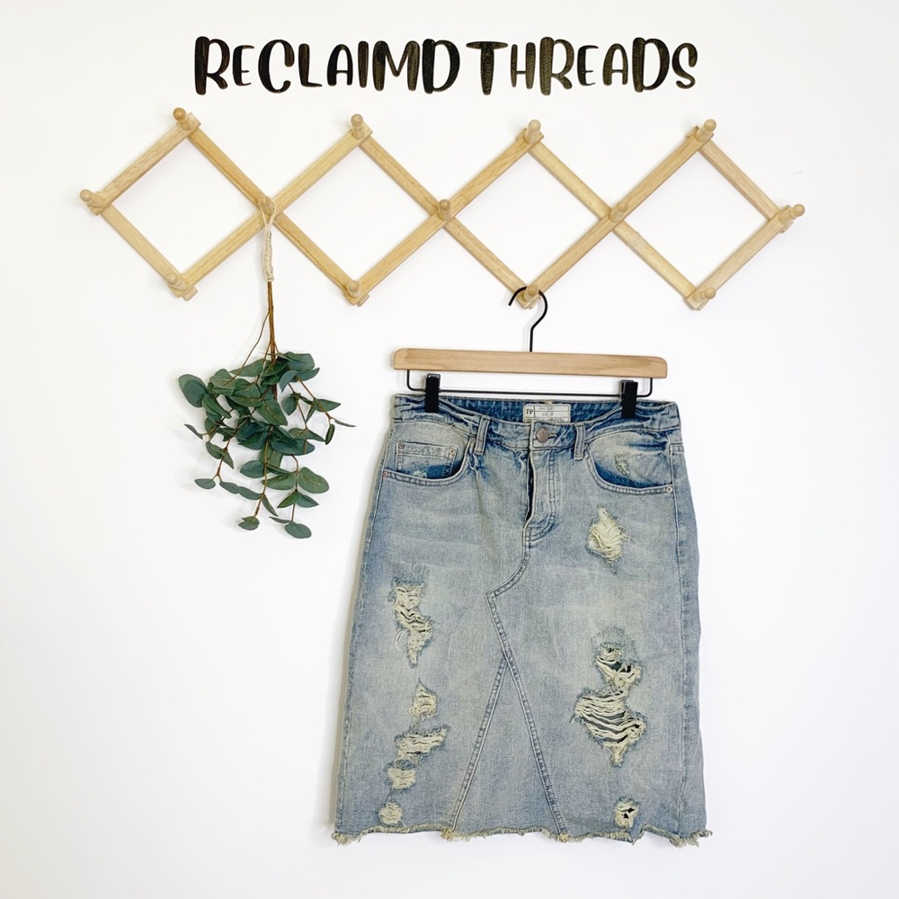 Free people knee length distressed denim skirt